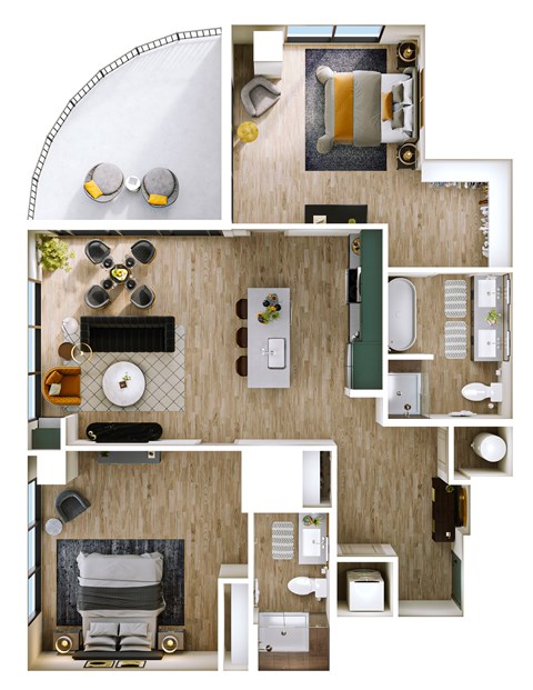 Floor plan for 2 beds, 2 baths, 1235 sqft